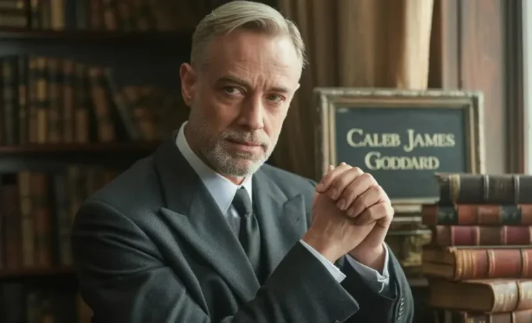 Caleb James Goddard in a formal setting with books.