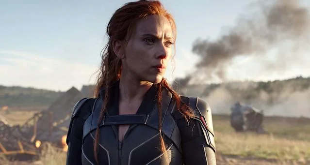 Close-up of Scarlett Johansson as Black Widow with a determined look.