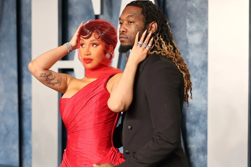Cardi B Offset cheating rumors at a red carpet event.