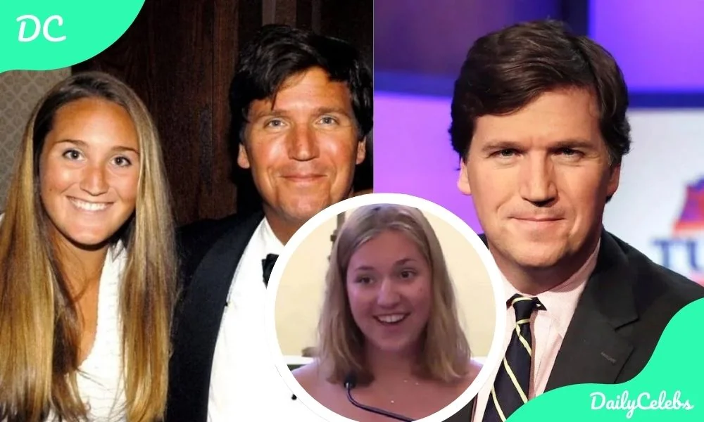 Tucker Carlson and a younger Hopie Carlson in a collage timeline, highlighting their relationship over the years.