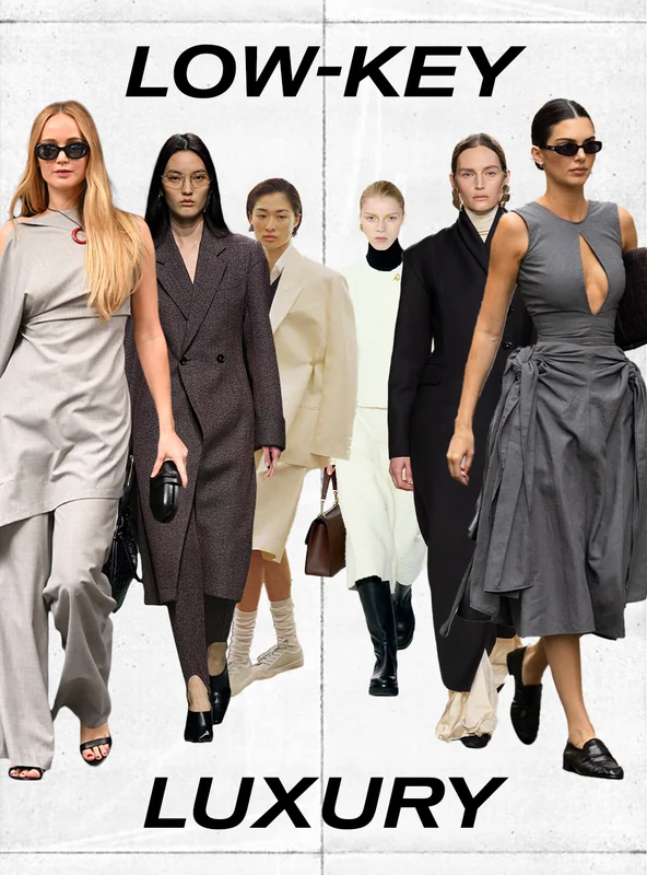 Chic models representing low-key luxury in celebrity fashion trends, wearing monochrome minimalist outfits in tonal neutrals