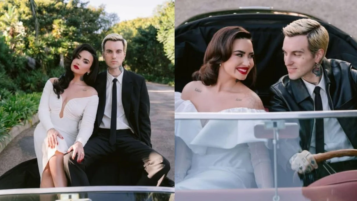 Demi Lovato and Jordan Lutes in a vintage car during their wedding