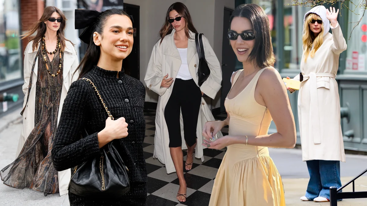 Celebrities in stylish outerwear and accessories highlighting sunglasses, belts, jewelry, and bags that define contemporary celebrity fashion trends