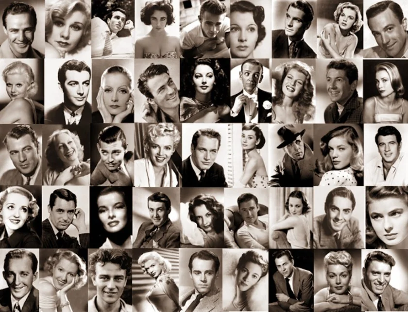Iconic Hollywood stars from the golden age, a collage of glamour and legacy.