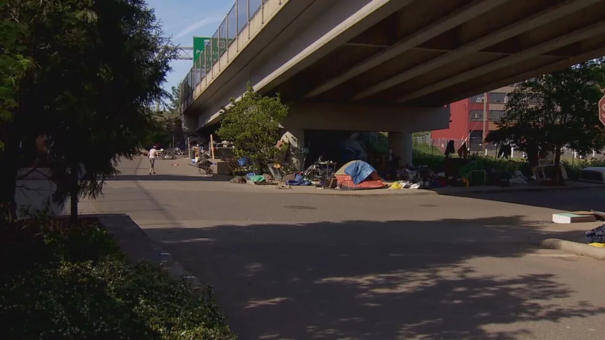 Homeless encampment relevant to Chad Behee's community context.