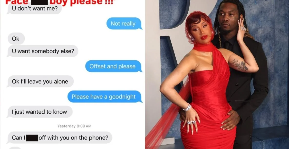 A stylized screenshot collage implying DM exchanges, paired with a photo of Cardi B and Offset