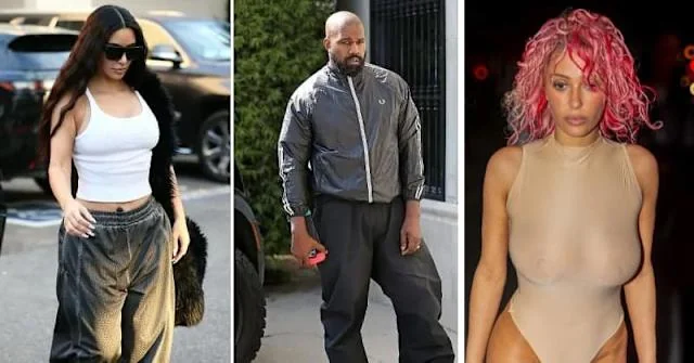 Kanye West, Bianca Censori, and Kim Kardashian highlight contrasting styles.