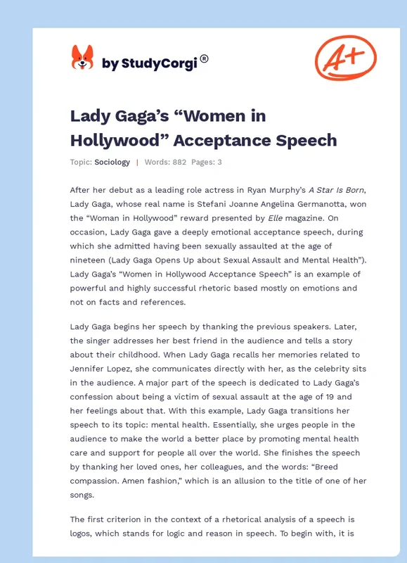 Lady Gaga's acceptance speech highlighting her impact in Hollywood.