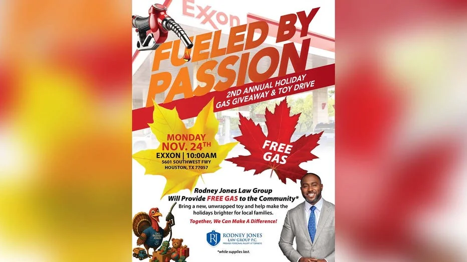 Gas giveaway and toy drive event flyer promoting community support.