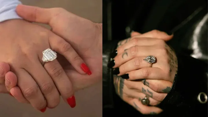 Demi Lovato engagement ring with emerald-cut diamond on display.