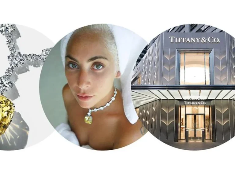 Lady Gaga ring and Tiffany & Co. store featured in a stylish collage.