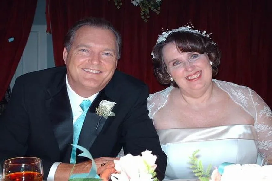 Phyllis Smith husband on their wedding day, celebrating their love.