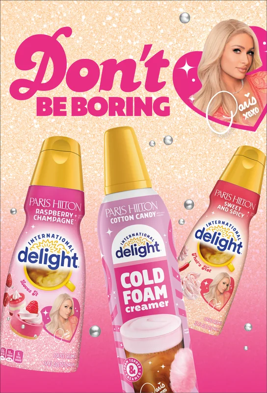Paris Hilton promotes her coffee creamer flavors in a colorful advertisement.