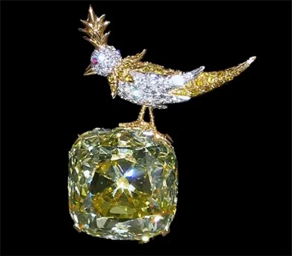 Luxury jewelry design featuring a bird brooch with gemstones.