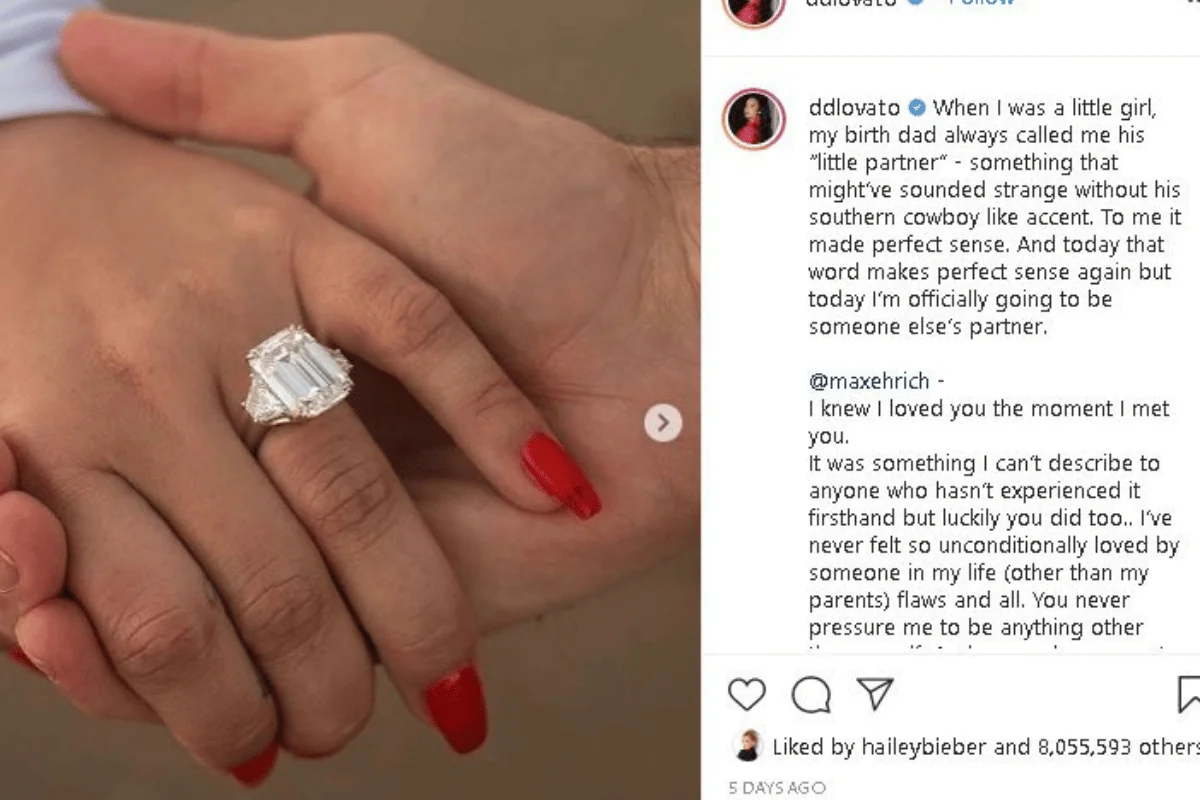 Demi Lovato shares a tender message alongside a photo of her engagement ring on Instagram