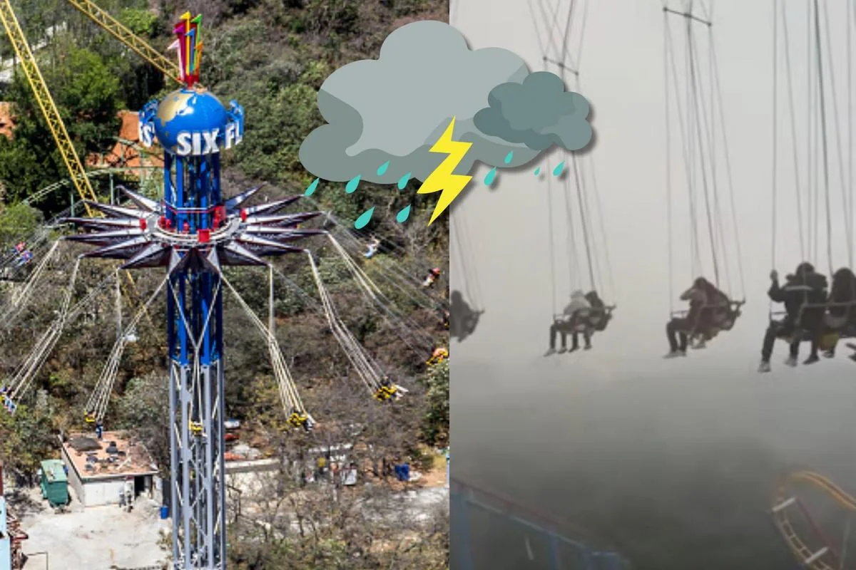 Swing ride during storm, raising safety concerns like 'died at Six Flags'.