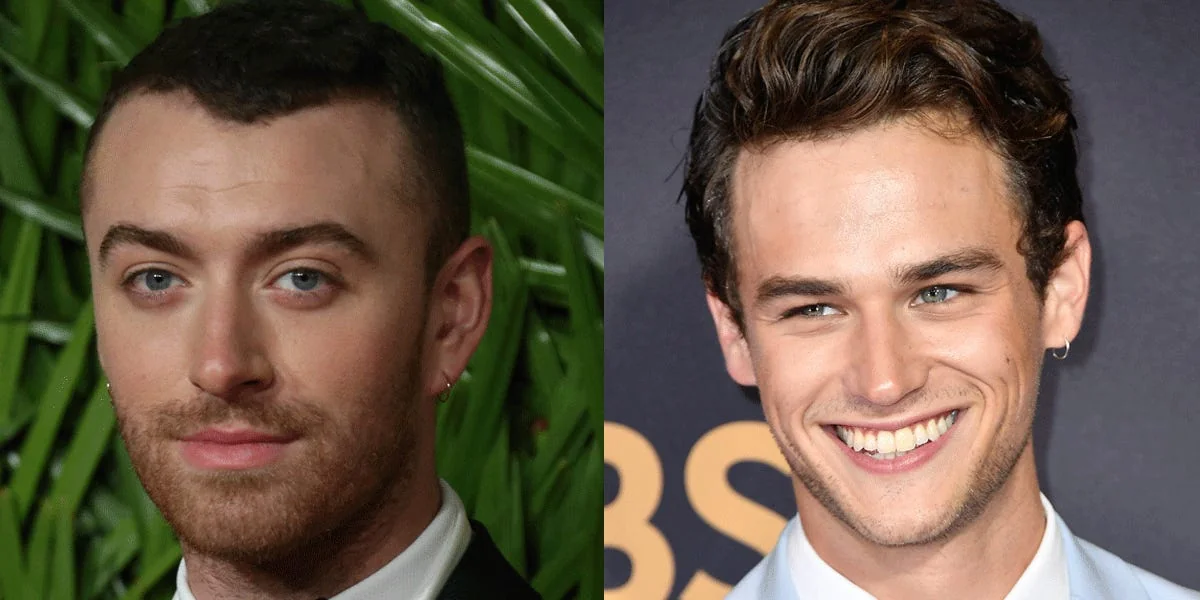 Brandon Flynn and Sam Smith posing together in stylish outfits.