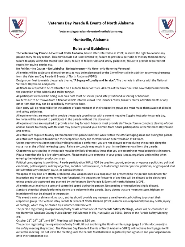 Popeyes Veterans Day parade guidelines and events information.