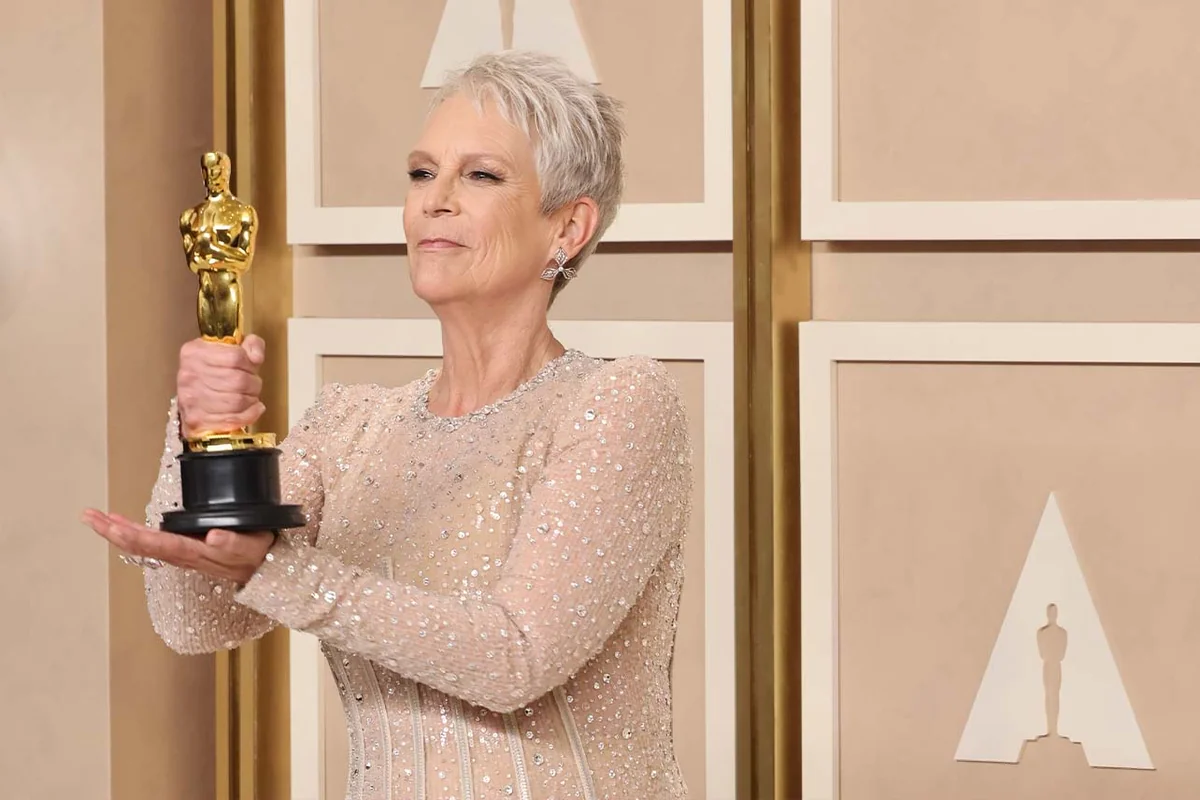 Jamie Lee Curtis celebrating her Oscar win.